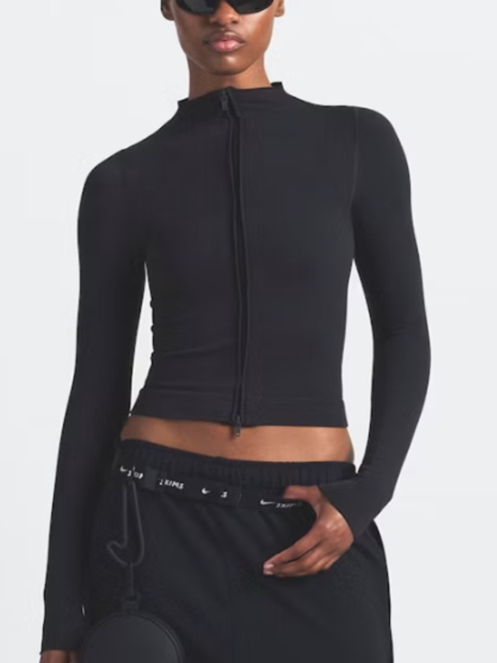 SKIMS Black Long-Sleeve Zip Front Crop Top